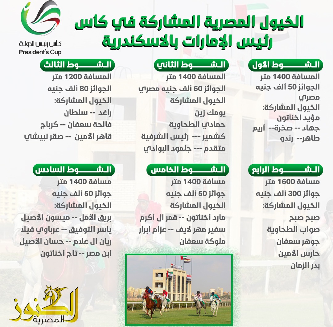 بالأسماء.. الخيول المصرية المشاركة في كأس رئيس الإمارات بالاسكندرية