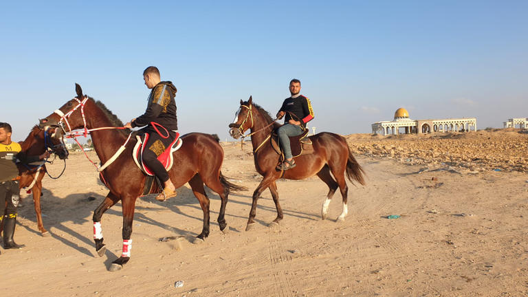 بالصور.. مطار غزة الدولي يتحول لساحة سباقات خيول